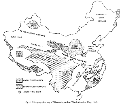 מפה פליאוגיאוגרפית של סין בתקופת הטריאס המאוחר, איזור מנוקד מצביע על סביבה ימית. מבוסס על וונג, 1985