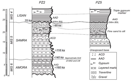 איור 2: חתכים עמודיים של תצורת סמרה בנחל פרצים באתרים PZ2  ו-PZ5. פציאס AAD: חילופי למינות של ארגוניט ושל דטריטוס; פציאס ACD: חילופי למינות של קלציט ושל דטריטוס. מתוך (Waldmann et al. (2007